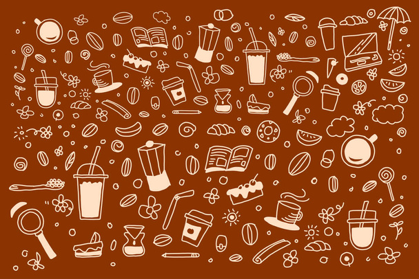Doodle coffee with brown background - Vector, Image