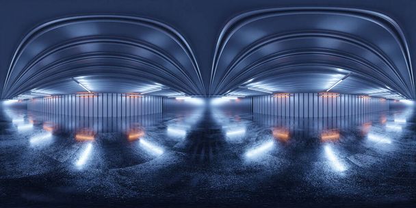 360 pieno panorama equirettangolare scuro astratto cemento e metallo saldato sala d'acciaio illuminazione futuristica rendering 3d
 - Foto, immagini