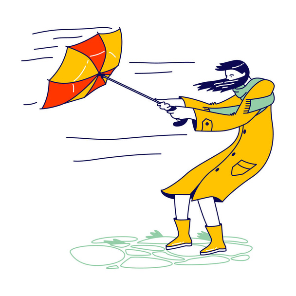 Frau im Mantel hält kaputten Regenschirm zum Schutz vor Hurrikan. Weibliche Charaktere kämpfen bei kaltem Herbstwetter mit starkem Wind. Gewitter mit extrem böigem Wind. Lineare Vektorillustration - Vektor, Bild