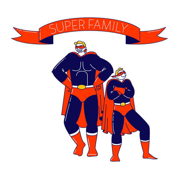 Superfamily, Parent and Child Relations Concept. Happy Family Dad and Son Characters in Superhero Costumes Posing and Demonstrate Power. School Theater Performance. Linear People Vector Illustration - Vector, Image
