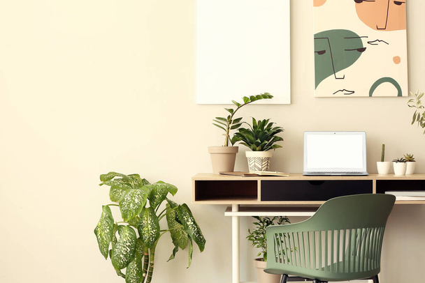 Local de trabalho confortável com laptop moderno e plantas de sala perto da parede de luz
 - Foto, Imagem