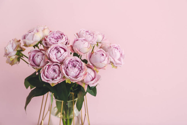 色の背景に美しい花の花瓶 - 写真・画像