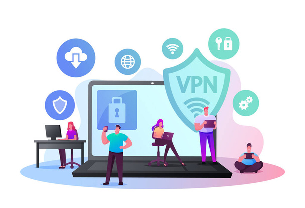 Virtuális privát hálózat, VPN koncepció. Apró karakterek körül hatalmas Laptop Lock szimbólum a képernyőn. Wbsite titkosítás, adatbiztonság és a magánélet az interneten. Rajzfilm emberek vektor illusztráció - Vektor, kép