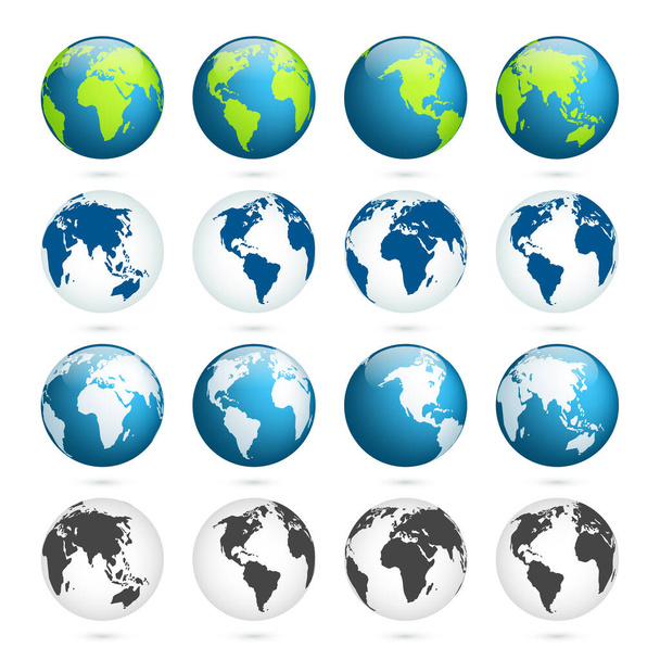 Earth globe. World map set. Planet with continents. Africa, Asia, Australia, Europe, North America and South America. - Vetor, Imagem