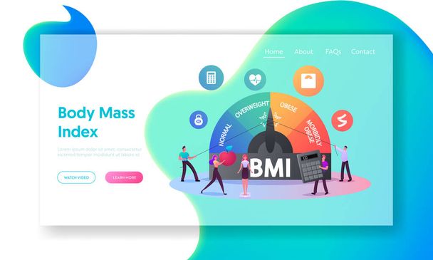 Body Mass Index Landing Page Template. Tiny Characters at Huge Scale with Obesity Degrees from Normal, Overweight to Morbidly Obese. Fat and Slim People Weight Control. Cartoon Vector Illustration - Vector, Image