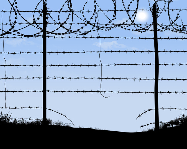 Slabé místo v pohraničním plotu je přestřižený ostnatý drát a vykopaný prostor pod siluetou plotu. To je ukázka nelegálního přistěhovalectví.. - Fotografie, Obrázek