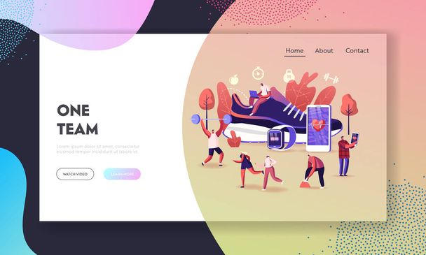 Smart Shoes Landing Page Template. Tiny Characters Sportsmen and Sportswomen Training in Sport Sneakers Connected to Smartphone. Walking around Huge Footwear. Cartoon People Vector Illustration - Vector, Image