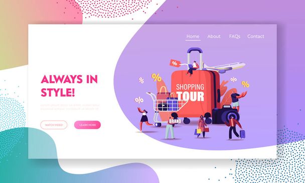 Shopping Tour Landing Page Template. Tiny Characters with Bags and Trolley around of Huge Suitcase, Photo Camera and Flying Airplane. Travelers and Tourist Shoppers. Cartoon People Vector Illustration - Vector, Image