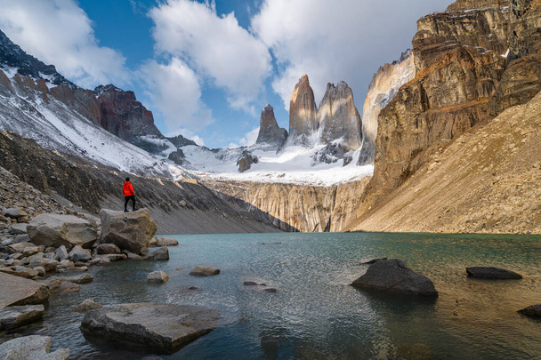 Hiker at Mirador Las Torres in Torres del Paine National Park, Chile, Patagonia, South America.  - Valokuva, kuva
