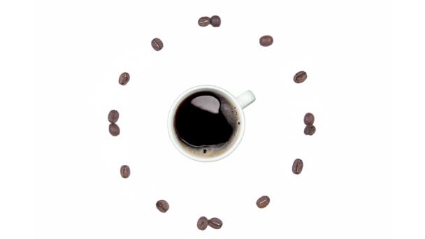 Coffee Time - Cup of black coffee and clock of coffee beans, seamless loop animation isolated on a white background. - Footage, Video