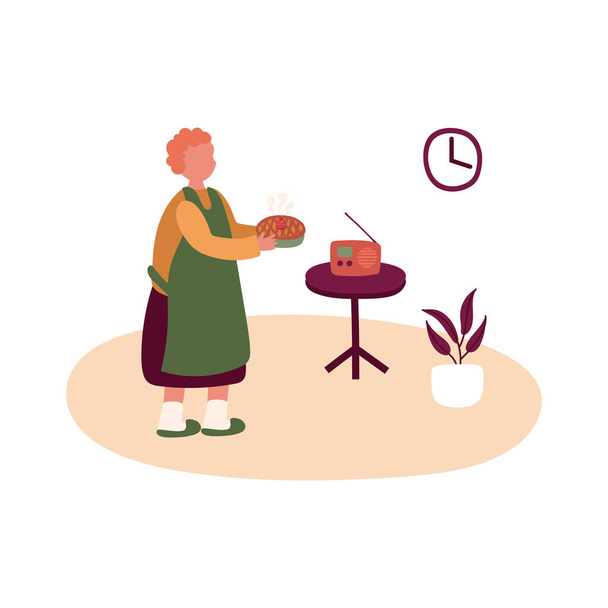 Yaşlı bir kadın evde turta pişiriyor. - Vektör, Görsel