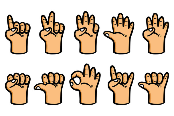 Ten cartoon hand gesture vector illustration set. - Vector, Image