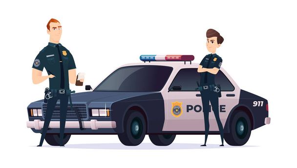Cartoni animati agenti di polizia uomo e donna squadra. Agenti di pubblica sicurezza con auto della polizia. Guardiani dell'ordine pubblico
. - Vettoriali, immagini