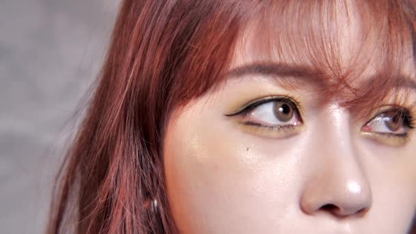 Ένας επαγγελματίας make-up καλλιτέχνης κάνει μακιγιάζ των χειλιών της Κορεάτισσας Ασιάτισσα γυναίκα με ένα κραγιόν - Πλάνα, βίντεο