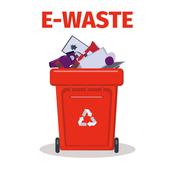 E-waste garbage bin with electronic devices, computer, mobile phone. Waste management. Vector illustration in flat style isolated on white. - Vector, Image