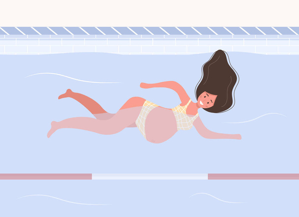 プールでビキニの妊婦さん。アクアフィットネスと好気性。健康的なライフスタイル。若い母親が水中で泳いでいる。フラットスタイルのベクトルイラスト。漫画のキャラクター. - ベクター画像