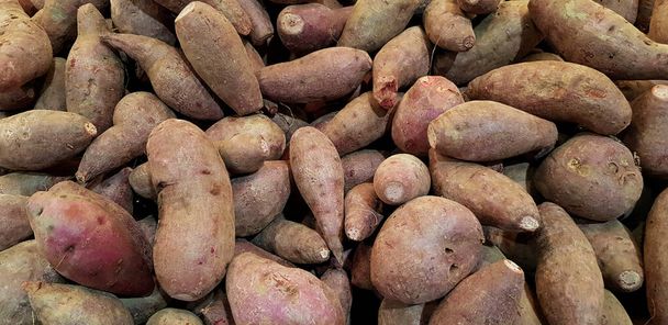 Skupina mnoha čerstvých sladkých brambor na prodej na trhu s ekologickou zeleninou nebo v supermarketu. Zdravé a dietní potraviny pro život. - Fotografie, Obrázek