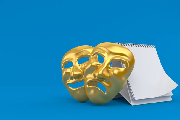 Theatermasken mit leerem Kalender auf blauem Hintergrund. 3D-Illustration - Foto, Bild