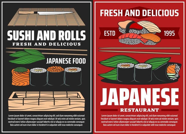 Sushi y rollos de cocina japonesa, vector de comida asiática. Pescado y arroz nigiri, rollos de hosomaki y temaki, palillos, soporte de sushi, estera de bambú y cuchillo, diseño de carteles de restaurante o bar
 - Vector, Imagen