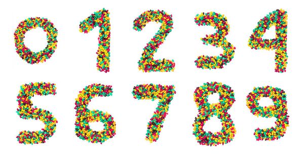 Arabic numerals  from multicolored round chocolates on a white isolated background. Food pattern made from children's candy. Bright alphabet for kids design - Photo, Image