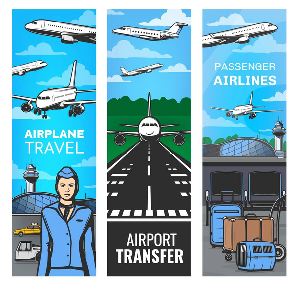 Αεροπορικές μετακινήσεις, αεροπορικές και αεροπορικές υπηρεσίες vector banners της μεταφοράς αεροσκαφών και επιβατών. Αεροπλάνο, αεροσυνοδός και τερματικός σταθμός αναχώρησης αεροδρομίου, αποσκευές, καρέκλες, πύργος κυκλοφορίας και διάδρομος - Διάνυσμα, εικόνα