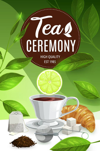 Šálek čaje s citrónem a mátou, vektorový horký nápoj. Zelené listy a konzervovaný čaj, čajový sáček a hrnek s podšálkem, kostkami cukru, croissant a infuzní síťkou, čajový dýchánek, design obchodu a kavárny - Vektor, obrázek