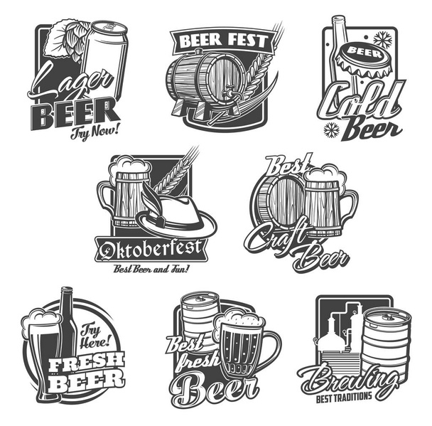 Bira alkolü bira şişeleri, bardaklar ve kupalarla vektör ikonlarını içer. Barda, barda ya da bira fabrikasında bira, fıçı, fıçı, hop ve arpa, fıçı, fıçı, fıçı, fıçı, fıçı, bira tankı ve Oktoberfest tankard - Vektör, Görsel