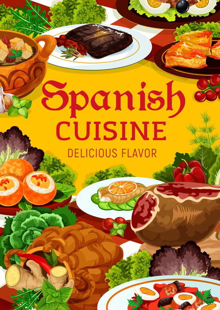 Spanish cuisine meat and fish dishes with vegetables, vector food. Iberian ham, sardine salad with olives and deviled eggs, beef steak and grilled cod, almond bread soup, empanada and San Isidro salad - Vector, Image