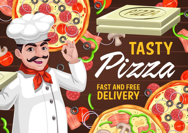 Pizza y chef vector de dibujos animados de comida rápida italiana restaurante entrega de póster. Pizza a base de salsa de tomate con queso mozzarella, salchichas de pepperoni y aceitunas, champiñones, pimientos, cebolla y jamón
 - Vector, imagen