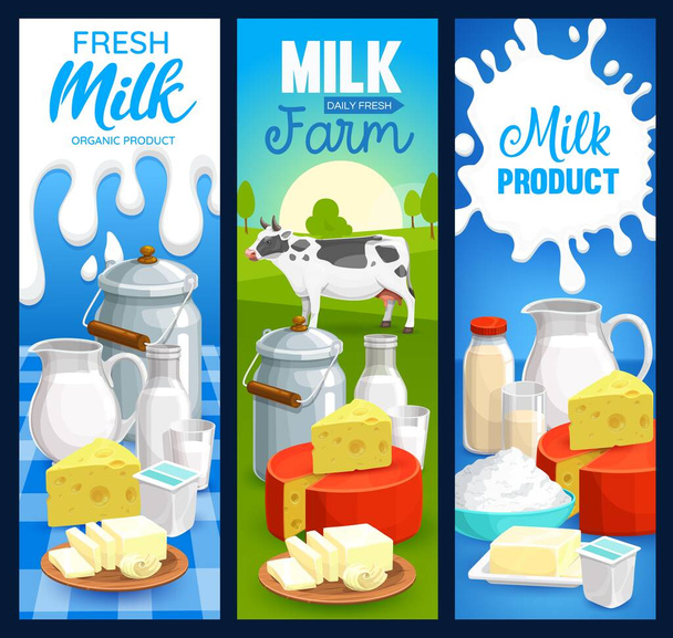 Milk product vector banners of dairy food. Farm cow milk, cheese, butter, cream and yogurt in bottles, glasses, jugs and cans, cottage cheese, kefir, curd and buttermilk, natural beverage design - Vector, Image