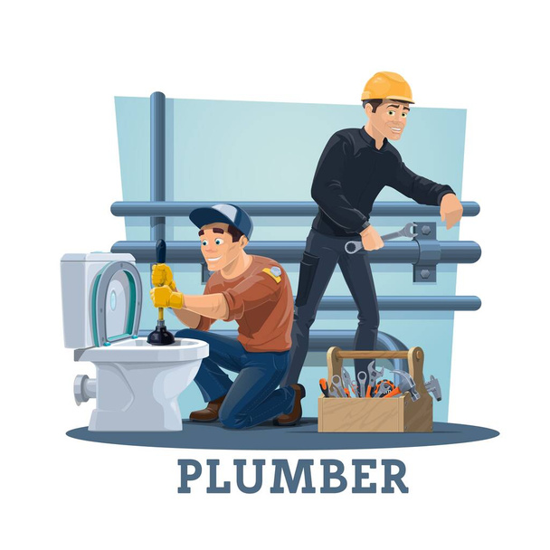 作業ツール、配管修理やメンテナンスサービスの漫画ベクター労働者と配管工。配管工または手動文字は、トイレを詰まらせず、レンチ、スパナ、プランジャーで漏れチューブを固定します。 - ベクター画像