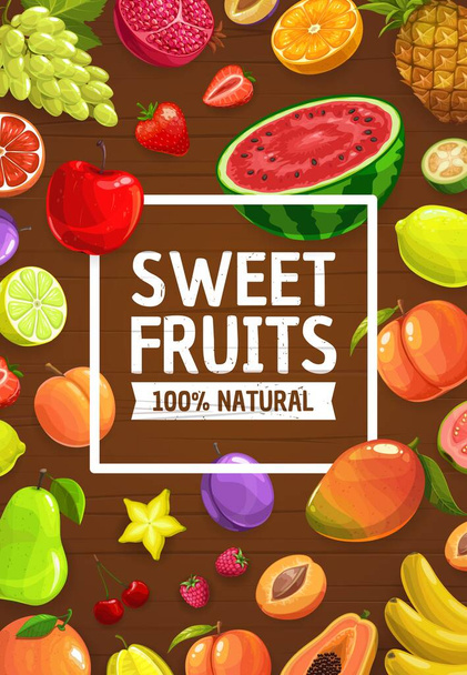 Fruits and berries cartoon vector of fresh farm food. Garden strawberry, apple, cherry and grapes, tropical mango, papaya, orange and grapefruit, pineapple, banana, lemon and plum on wooden background - Vector, Image
