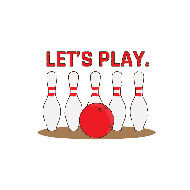 Κόκκινη μπάλα του μπόουλινγκ και καρφίτσα με γράμματα "Ας παίξουμε" - Διάνυσμα, εικόνα