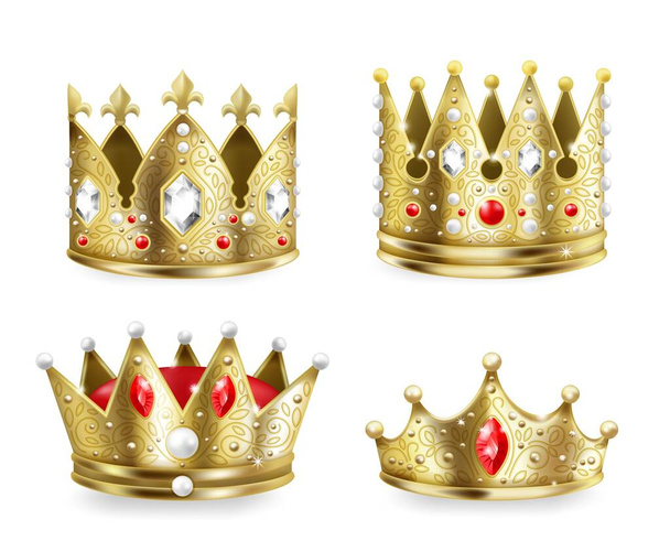 Arany koronák. 3D realisztikus királyi címertani dekoráció elem, király és királynő középkori luxus készlet. Vektor izolált arany monarchia koronák - Vektor, kép