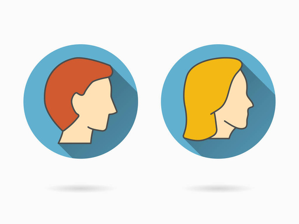 Male and female face icons. Simple illustrations with long shadow isolated for graphic and web design. - Vector, Image
