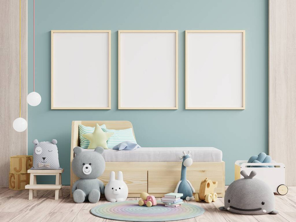 室内キッズルーム壁紙/子供部屋のインテリアのモックアップポスター, 3Dレンダリング - 写真・画像