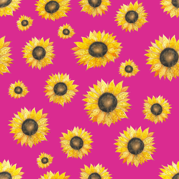 Watercolor seamless pattern with sunflowers. Hand drawn, natural yellow-orange flowers. Summer pattern on pink background - Photo, Image