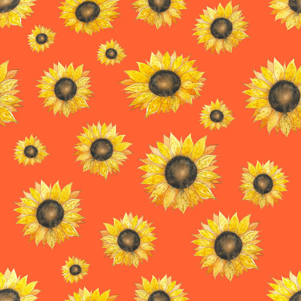 Wzór bezszwowy akwarela ze słonecznikami. Ręcznie rysowane, naturalnie żółto-pomarańczowe kwiaty. Letni wzór na czerwonym tle - Zdjęcie, obraz