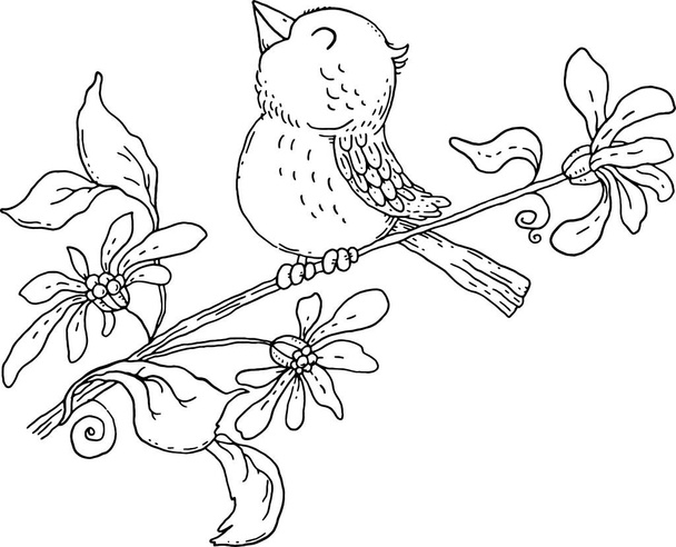 Bird on a branch with flowers, floral design, coloring page - Vektor, kép