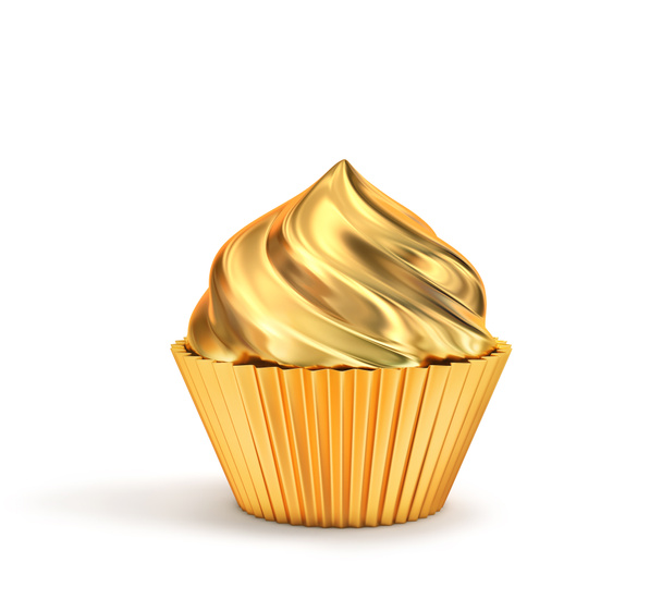 Золотий кекс ізольовано на білому тлі. 3D візуалізація
 - Фото, зображення