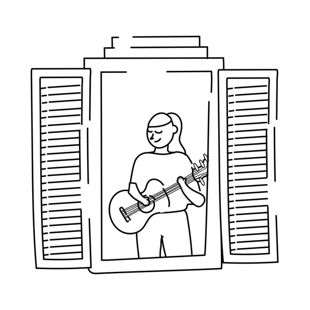 Karantina hattı tarzı için apartman penceresinde gitar çalan kadın - Vektör, Görsel