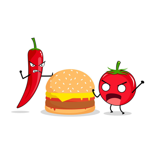 Cartoon illustratie van chili, hamburger en tomaat - Vector, afbeelding