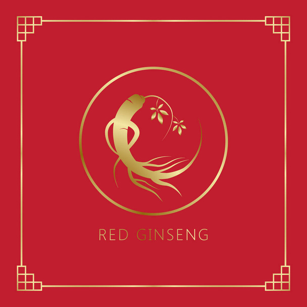 Korejský nebo čínský červený ženšen kořen, Textový štítek v korejském pěstovaném ženšenu. Ženšen symbol pro korejskou kosmetiku, čínskou medicínu, potravinářské výrobky, čajové balíčky. Vektorové ilustrace - Vektor, obrázek