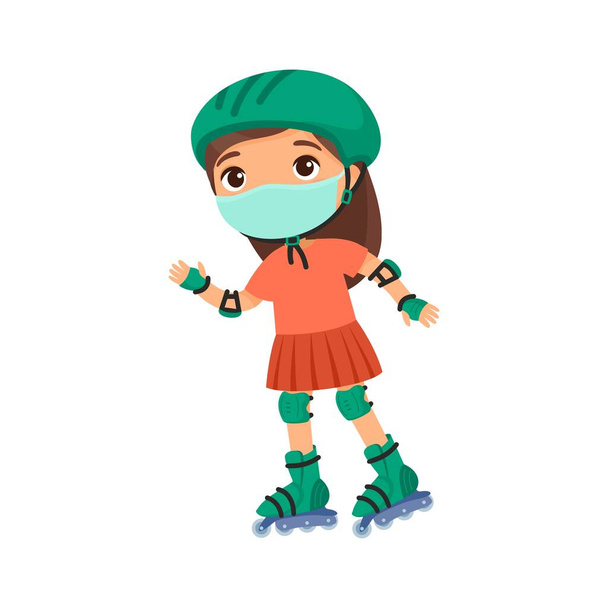 保護マスクを持つ小さなスポーツウーマン。ウイルス保護、アレルギー反応。かわいい女の子ローラースケート漫画のキャラクター。レクリエーション・レジャー. - ベクター画像
