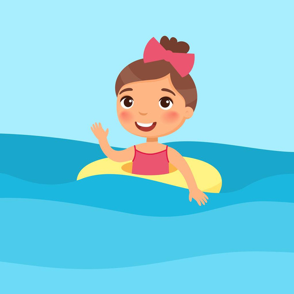 Lány úszás felfújható gyűrű lapos vektor illusztráció. Gyönyörű gyermek szórakozik a vízben, integet a kezével. Vidám gyerek fürdőruhában élvezi nyári tevékenységek színes rajzfilm karakter - Vektor, kép