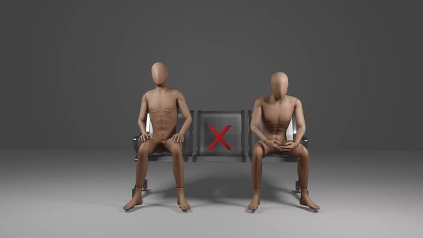 Társadalmi távolság koncepció, karakterek ülni tér távolságot minden ülés elkerülése érdekében fertőzött vírus nyilvános. 3D-s renderelés - Fotó, kép