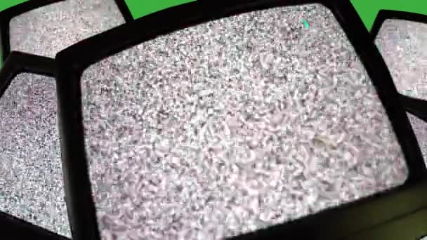 Embalado TVs antigas em fundo verde, muitos televisores vintage com telas ligadas, ruído estático e flickers horizontais. TVs antiquadas para entretenimento, assistindo TV retro dos anos 70
 - Filmagem, Vídeo
