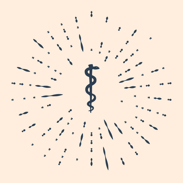 Zwarte Staaf van asclepius slang opgerold silhouet pictogram geïsoleerd op beige achtergrond. Embleem voor drogisterij of geneeskunde, apotheek slang symbool. Abstracte cirkel willekeurige stippen. Vector Illustratie - Vector, afbeelding