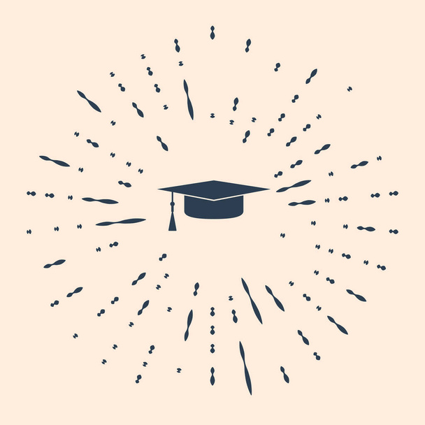 Μαύρο εικονίδιο καπάκι αποφοίτησης απομονωμένο σε μπεζ φόντο. Καπέλο αποφοίτησης με φούντα. Αφηρημένες τυχαίες τελείες. Εικονογράφηση διανύσματος - Διάνυσμα, εικόνα