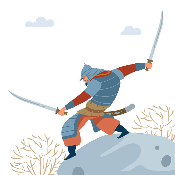 Keski-Aasian soturi. Nomad soturi kaksi miekkaa kiveen, hyökkäyksiä taistelussa. Keskiaikainen taistelukuva. Historiallinen kuvitus. Eristetty vektorin tasainen kuva. - Vektori, kuva